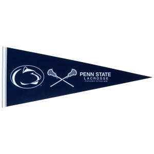 navy pennant with Athletic Logo, sticks, Penn State Lacrosse, Panzer Stadium